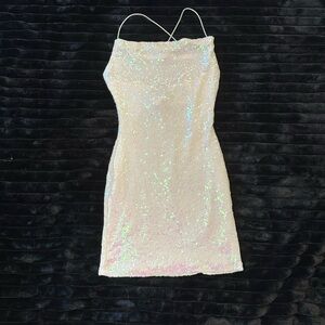 White Iridescent Mini Sequin Dress With Cowl Neck